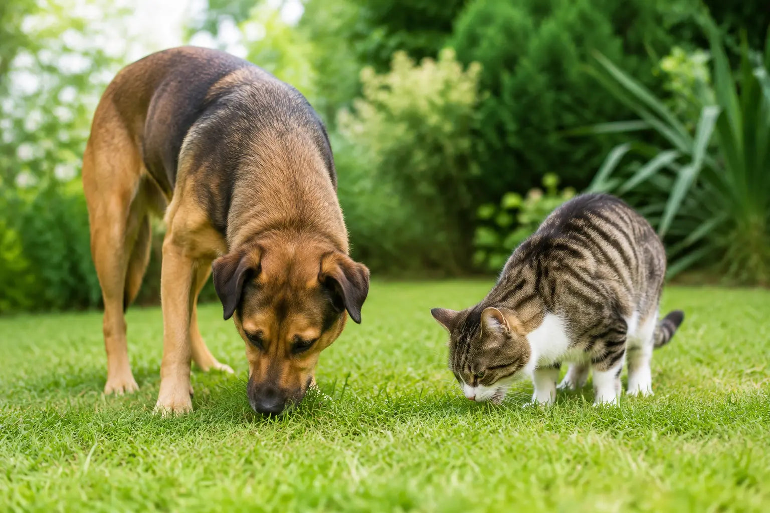 Hond en kat eten rustig gras in een veilige tuin