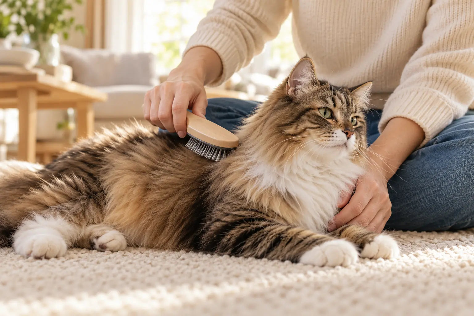 Ontspannen langharige kat wordt voorzichtig met een zachte borstel over de rug geborsteld