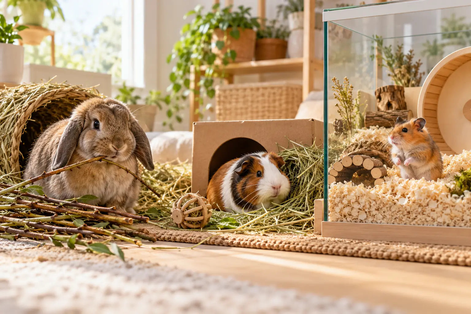 Konijn, cavia en hamster gebruiken veilige verrijking in aparte verblijven