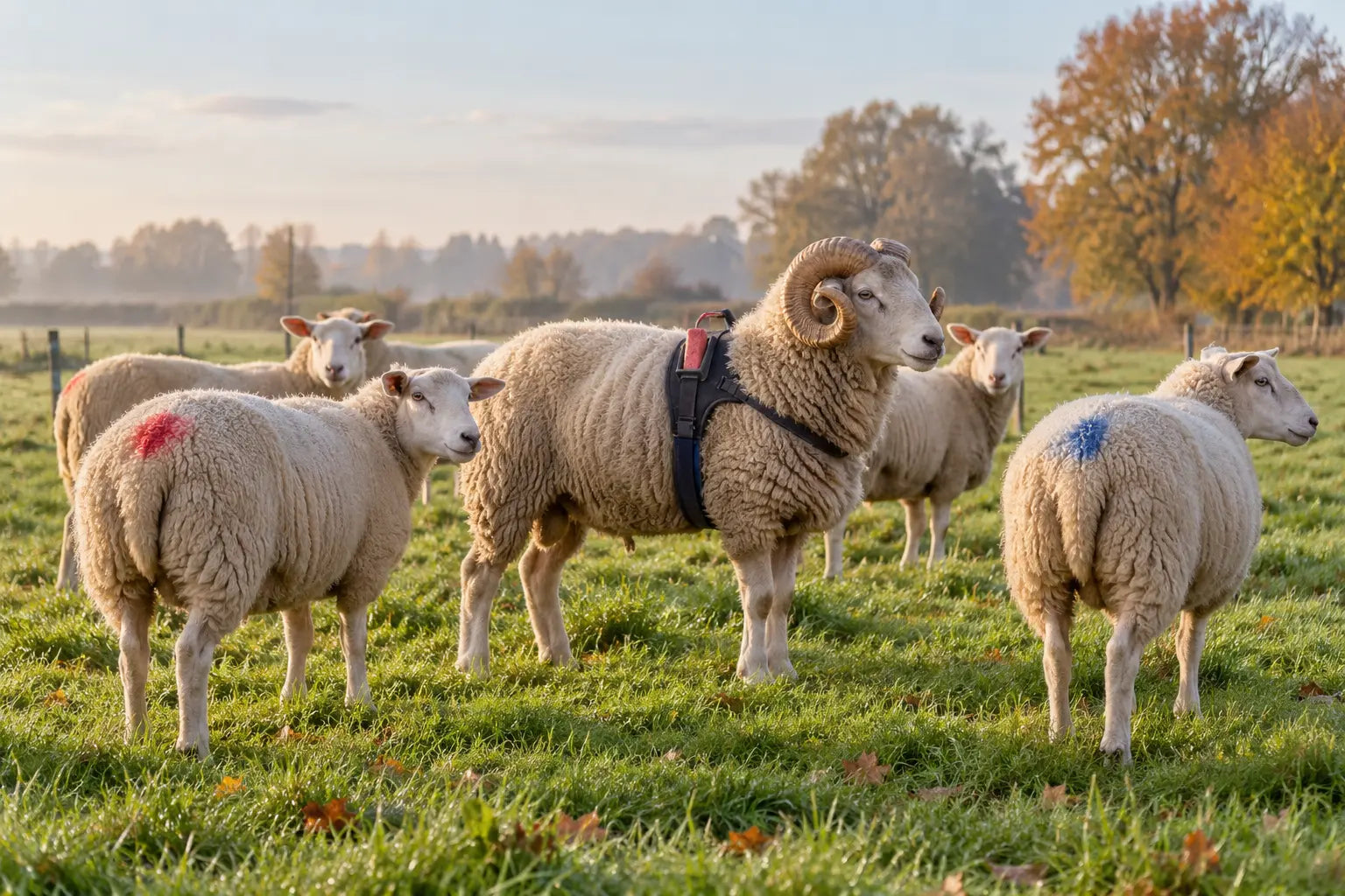 Ram met dektuig tussen ooien met rode en blauwe markeringen in de wei