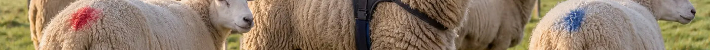 Ram met dektuig tussen ooien met rode en blauwe markeringen in de wei
