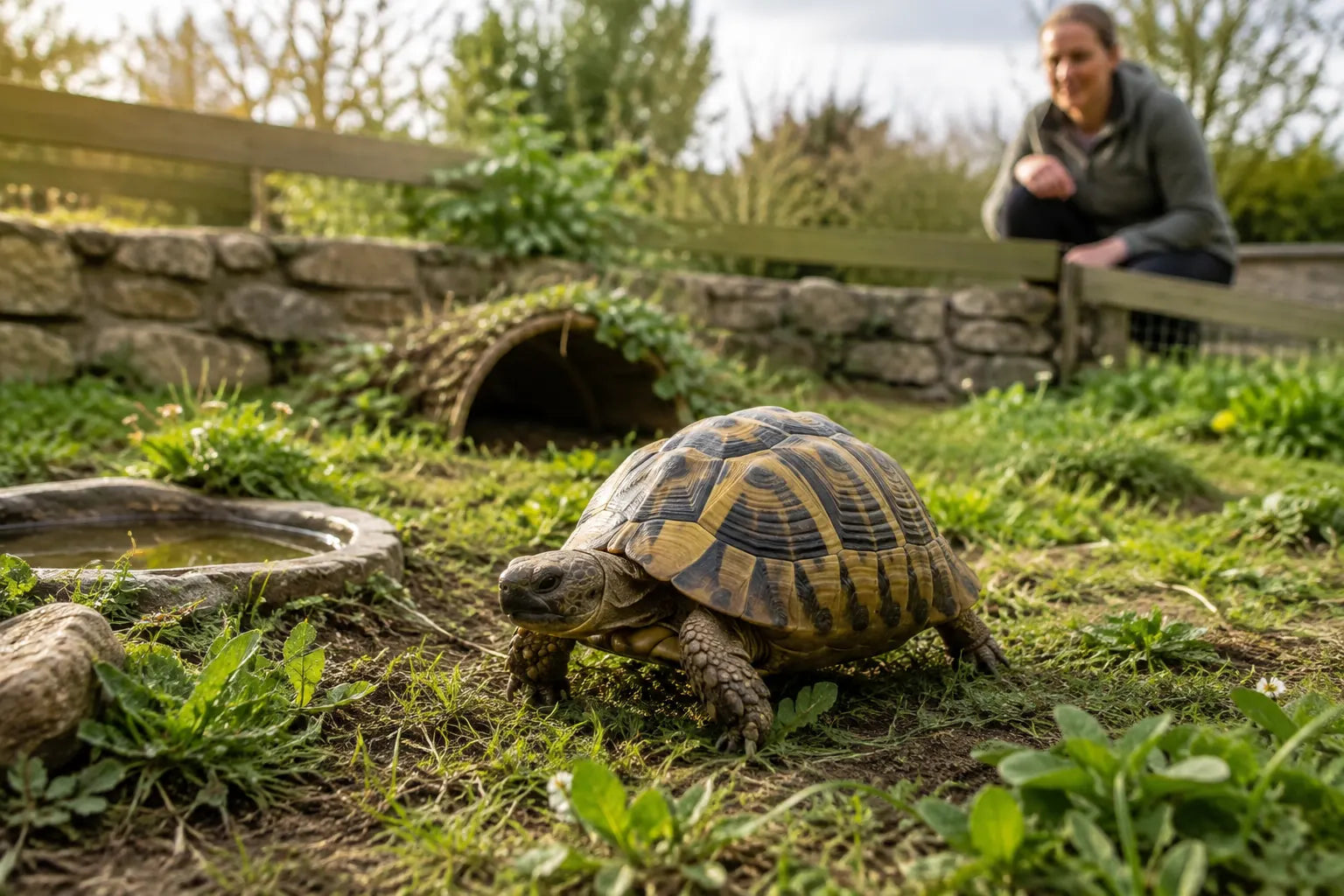 Gezonde landschildpad loopt door een ruim en natuurlijk buitenverblijf