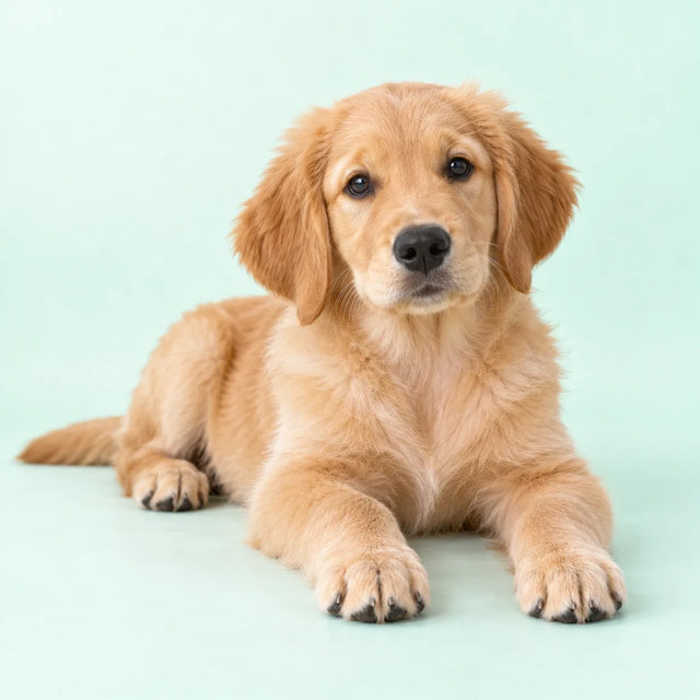 Een blonde puppy ligt en kijkt in de camera