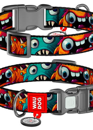 Collar WauDog Nylon Obroża nylonowa z QR-paszportem, plastikowy fastex, wzór ZĘBATE POTWORY, L 25mm/33-49cm