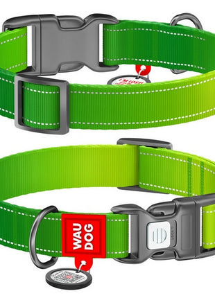 Collar WauDog Nylon Mono Obroża nylonowa odblaskowa z QR-paszportem, plastikowy fastex, M 20mm/28-40cm jasnozielona