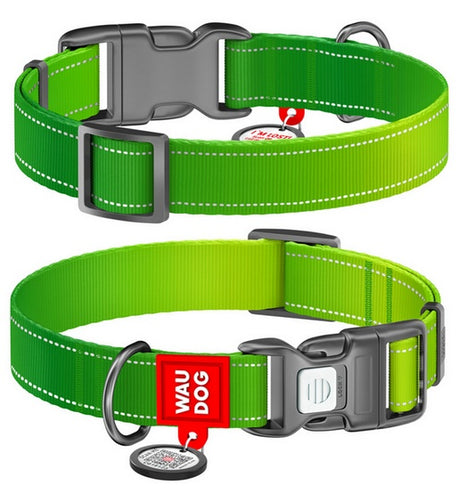 Collar WauDog Nylon Mono Obroża nylonowa odblaskowa z QR-paszportem, plastikowy fastex, M 20mm/28-40cm jasnozielona
