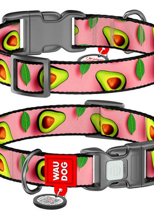 Collar WauDog Nylon Obroża nylonowa z QR-paszportem, plastikowy fastex, wzór AWOKADO NA RÓŻU, S 15mm/25-35cm