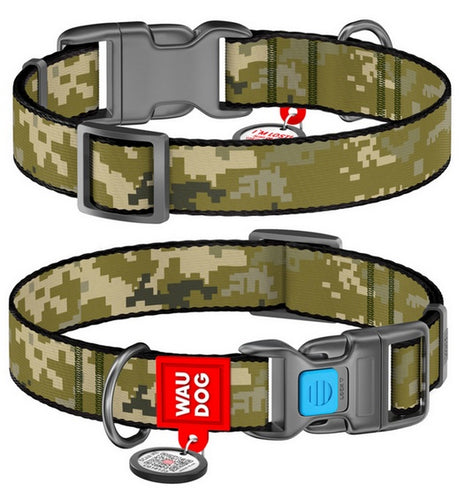 Collar WauDog Nylon Obroża nylonowa z QR-paszportem, plastikowy fastex, wzór MILITARY, S 15mm/25-35cm