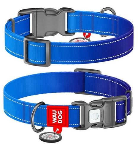Collar WauDog Nylon Mono Obroża nylonowa odblaskowa z QR-paszportem, plastikowy fastex, L 25mm/33-49cm niebieska