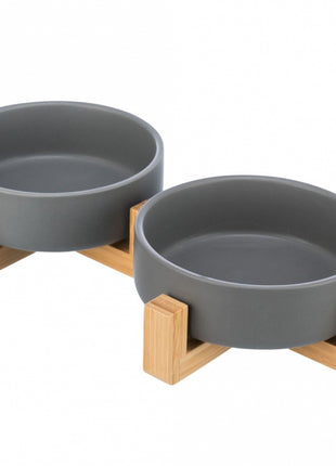 Trixie Napf-Set aus Keramik/Holz - grau/natur